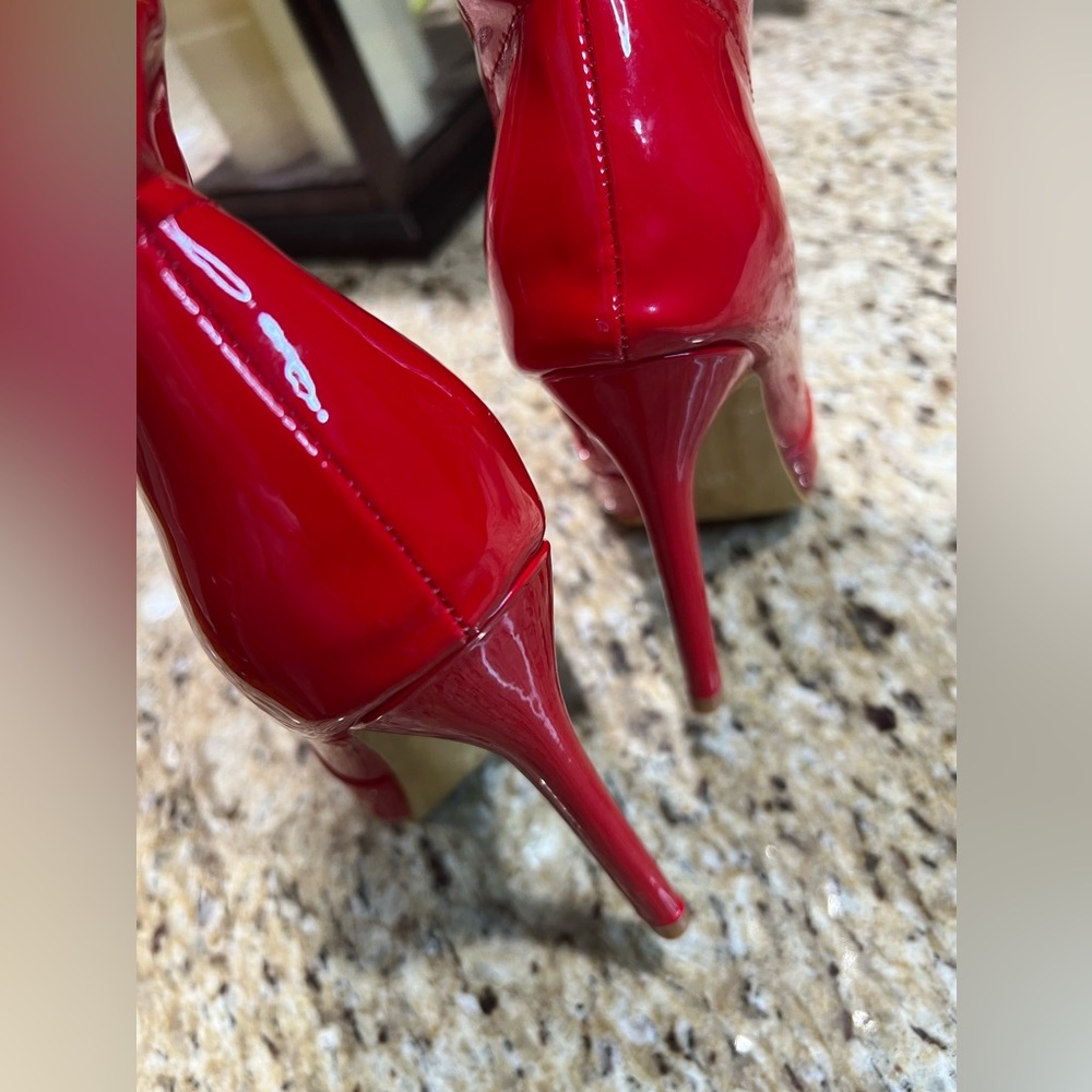PLT Red Patent Leather Thigh High Slouch Pointed Toe Over The Knee Boots 10 - Picture 10 of 11